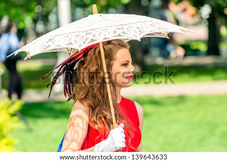 MOSCOW, RUSSIA - 18 MAY: Participant of annual carnival in Moscow in Ermitage Garden. Moscow, 18 may, 2013