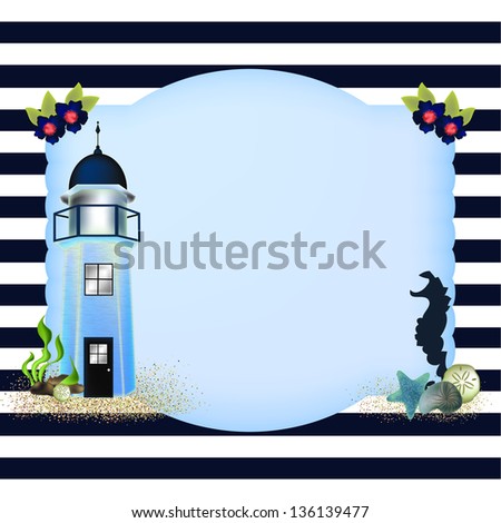 Lighthouse with a seahorse, shells and sand on a label shape on a navy blue stripe background.