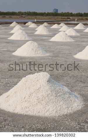 Many salt piles in the  salt field of Samutsongkram, Thailand