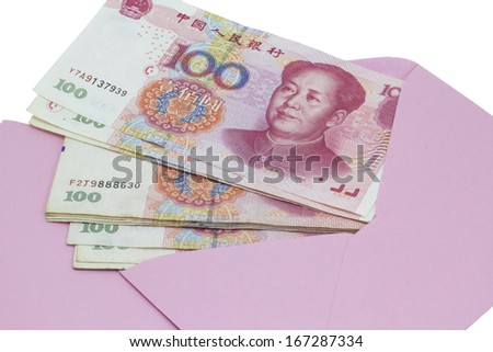 Money in pink envelope for Chinese New Year  isolated on white background
