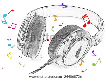 Headphones and colorful music notes on white background