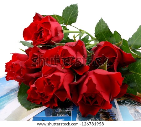Red Rose Bouquet with postcards isolated