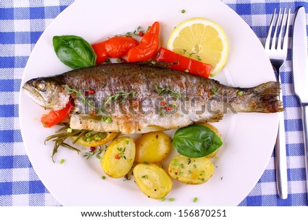 Grilled rainbow trout with red pepper, potato and rosemary, top view