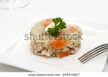 Aspic of chicken with carrots in form of heart, close up
