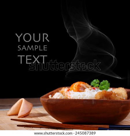 Rice with chicken meat and fortune cookie for your text