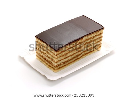 Prince Regent cake, thin layers of biscuit with chocolate, isolated, top view