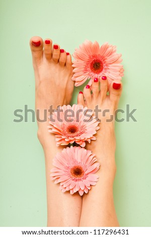Close-up shot of beautiful woman feet with red pedicure and pink flowers around