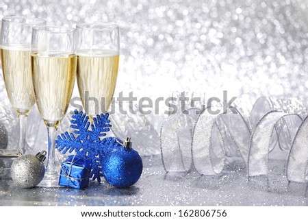 New year card with Champagne and decoration close-up
