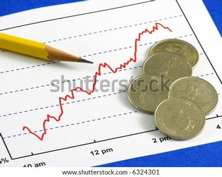 A yellow pencil and a few coins over a line graph of increasing trend