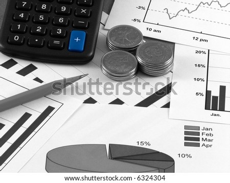 Blue sum key of a calculator in a black and white picture of three piles of coins of dollars and a pencil over a background of pie, bar and line graphs.