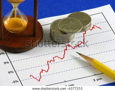 A yellow pencil besides a few coins and an active hourglass  over a red line graph of increasing trend on top of a blue background.