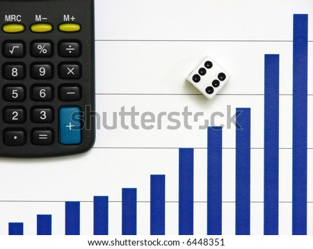 Part of a calculator with a big blue sum key and a dice over a bar graph of increasing trend as background