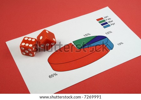 A pair of red dice over a pie chart in a red background