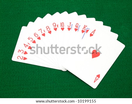 full set of heart cards over a green surface