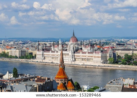 View of Pest side of Budapest from the Fisherman\'s Bastion, across the Danube, with the beautiful building of the Parliament, Hungary