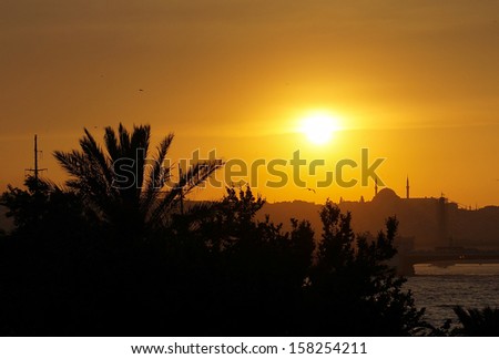 Istanbul silhouette. Mosque at sunset. Skyline.