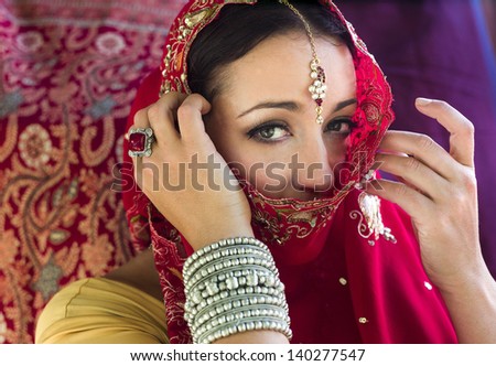 Beautiful, mysterious woman in red Indian sari with traditional jewelry, face partially covered. Horizontal format. Red sari with red brocade background.