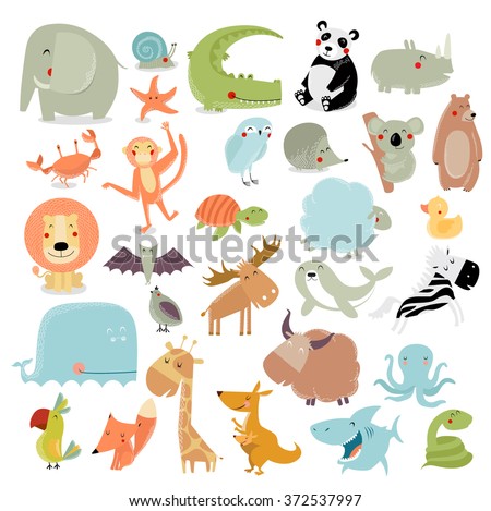Big vector set of animals. The crocodile, elephant, bear, duck, panda, koala, lion, monkey, turtle, whale, shark, crab, fox, kangaroo, giraffe, bat, hedgehog, owl, snake, starfish, quail