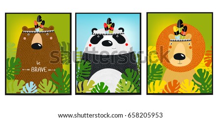 Posters with animals. Cartoon characters. Cartoon animals.  lion, bear, panda.