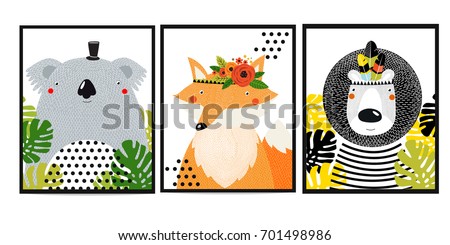 Posters with animals. Cartoon characters. Cartoon animals. Lion, fox, koala