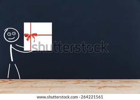 Stick figures on chalkboard background holding gift in her arms.