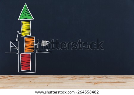 Stick figure build a tower from red to green. On a chalkboard background.