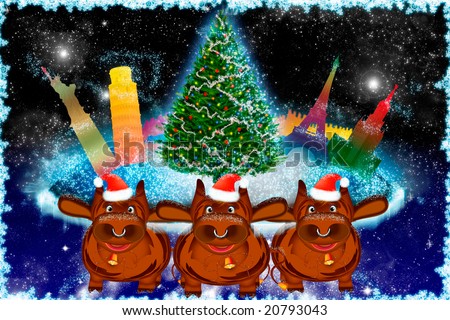 Picture with three bulls who hold the flat earth with the Christmas tree and sights of the world, on a space background