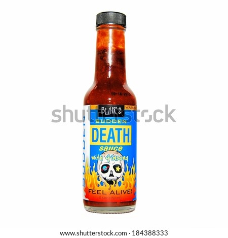 MARYLAND, USA - MARCH 29, 2014: Image of Blair\'s Sudden Death Sauce. Blair\'s started in 1989 and is most famous for it\'s death hot sauce line.