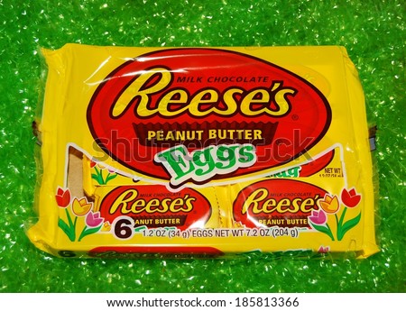 MARYLAND, USA - MARCH 27, 2014: Image of Reese\'s peanut butter candy.  Reese\'s was first introduced in 1928 and is now part of the Hershey Company.