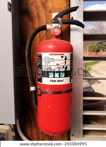 HAGERSTOWN, MD - APRIL 9, 2014:  Image of First Alert fire extinguisher.  First Alert started in 1958 and is a leading company in home and commercial safety.