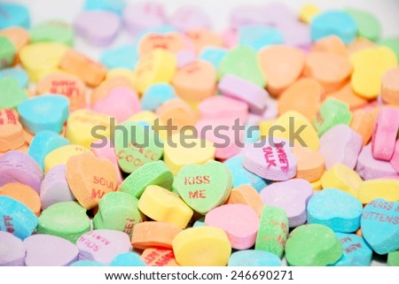 Colorful background of conversation hearts, great for Valentine\'s Day projects
