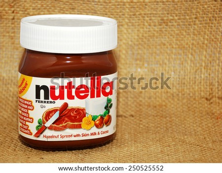 Illustrative editorial.  HAGERSTOWN, MD - FEBRUARY 3, 2015:  Image of Nutella, a chocolate hazelnut spread that was first introduced in 1964.