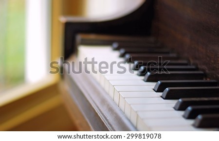 Selective focus of piano keys in natural light