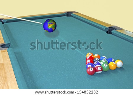 Pool table where the cue ball was replaced with earth globe