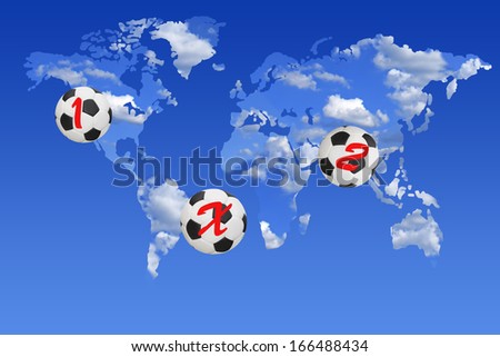 Three footballs on a world map on which are painted different possible scores