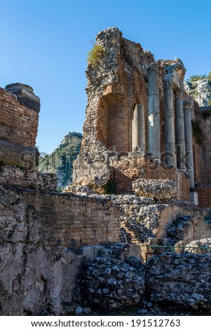 Stones and bricks of the ruins of the Geek Theater of Taormina, Sicily