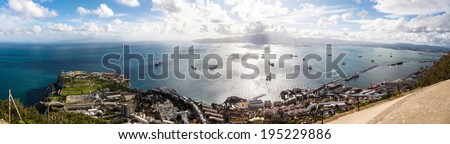 HDR Panorama of the Strait of Gibraltar  from Africa to Spain with harbor taken from the out of service British Gun post. Gibraltar, UK