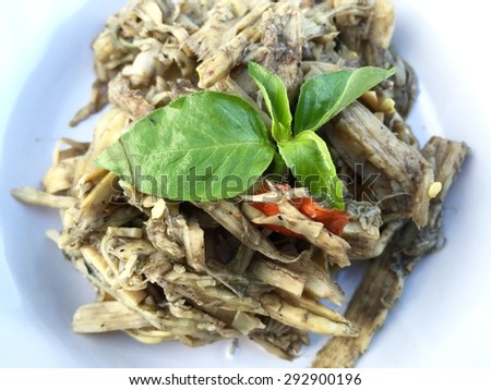 Thai food cooked from Bamboo shoots /Thai Cuisine and Food /Thai Traditional Bamboo Shoot Spicy Salad in A Plate