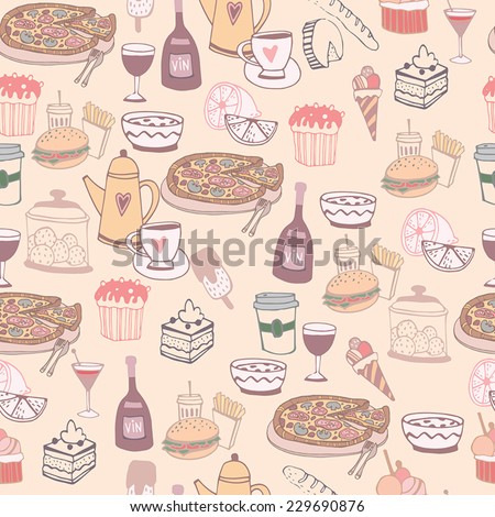 Seamless background food with wine, pizza, tea, cupcake, coffee