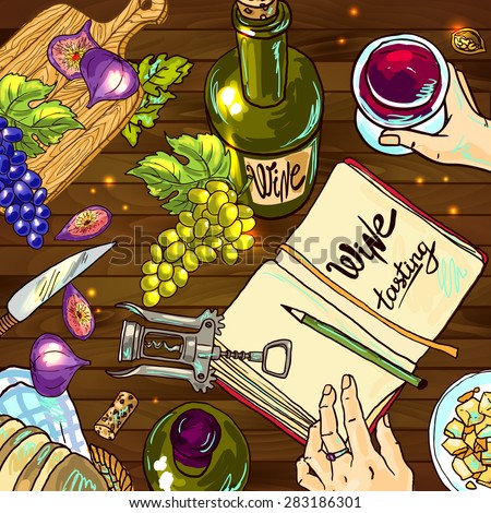Beautiful hand drawn food illustration wine tasting top view