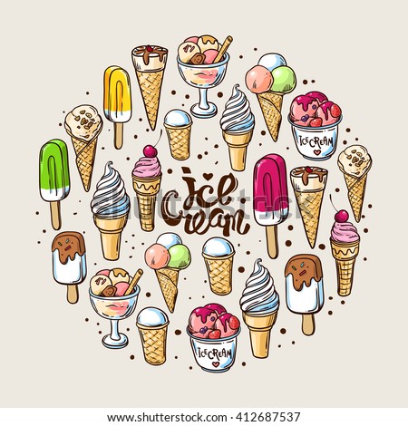 Beautiful hand drawn vector illustration ice cream. Different ice cream for your design.
