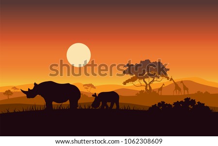 Silhouettes of wild African Rhino sunset safari animals vector.