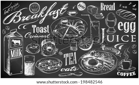 hand-drawn breakfast food collection on chalkboard