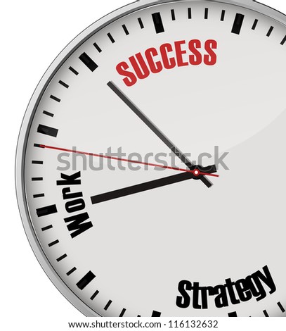 White clock with words success, work, strategy. Motivation to work