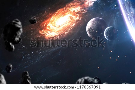 Beautiful realistic planets againt galaxy in deep space. Science fiction art. Elements of this image furnished by NASA