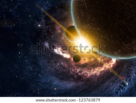 Planets Over The Nebulae In Space