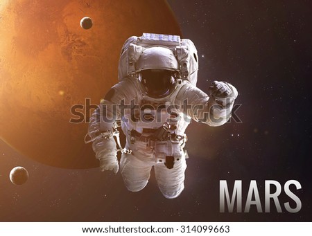 Colorful shot that shows NASA\'s astronaut in open space near planet Mars. Elements of this image furnished by NASA.