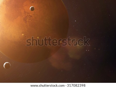 Colorful picture represents Mars and its moons. Elements of this image furnished by NASA.