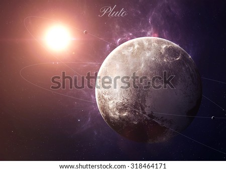The Pluto with moons shot from space showing all they beauty. Extremely detailed image, including elements furnished by NASA. Other orientations and planets available.