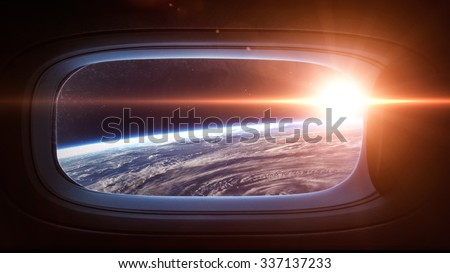 Earth planet in space ship window porthole. Elements of this image furnished by NASA.